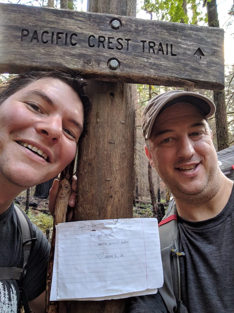 Shawn (left) and Casey (right) coming into Cascade Locks. The note reads "Dear Hiker, you got this! You're almost there!" 2018